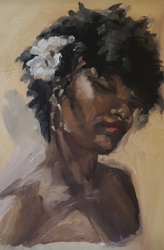 woman with flower in hair, Oil on Archer paper.