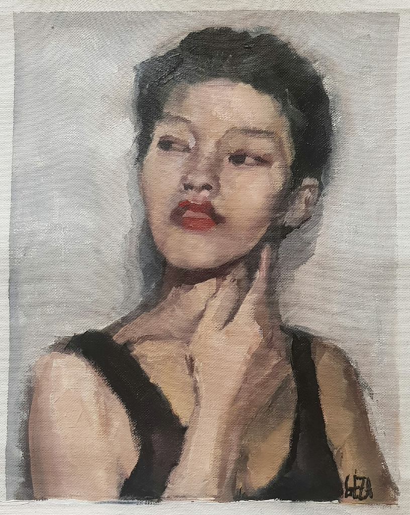 short hair woman, oil on painting.